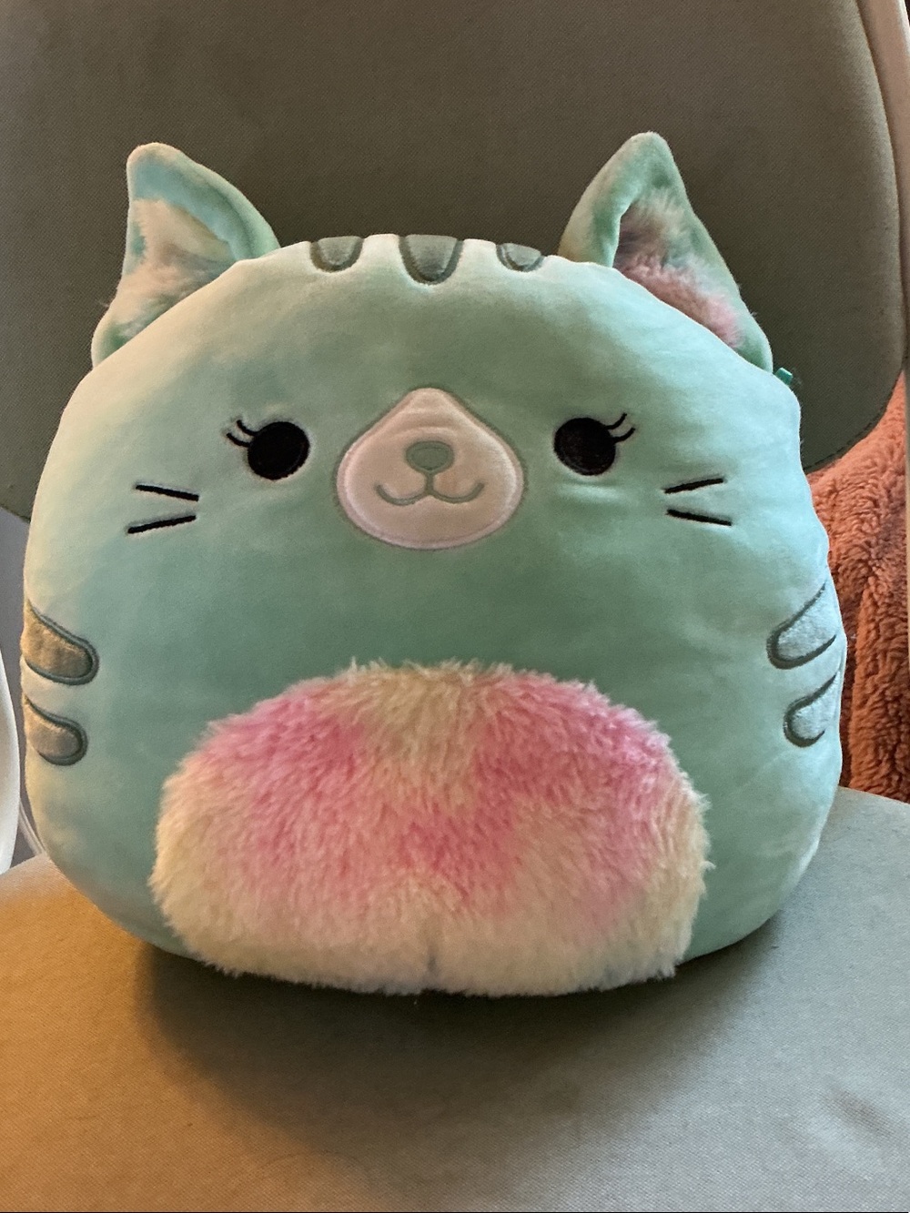 Squishmallows Mint Plush Cat Pillow with Pink Fuzzy Belly